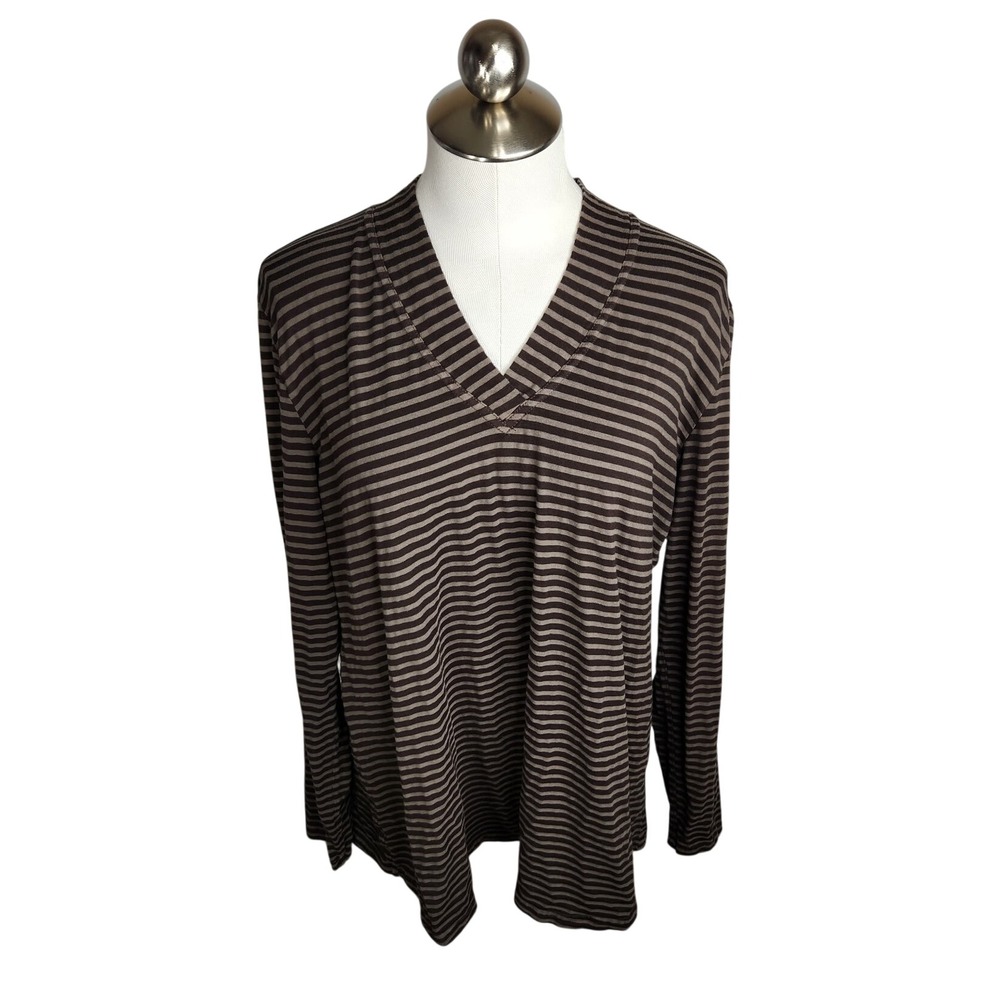 Heartstring Tunic Top Women XL Black Olive Green Striped V-Neck Long Sleeve